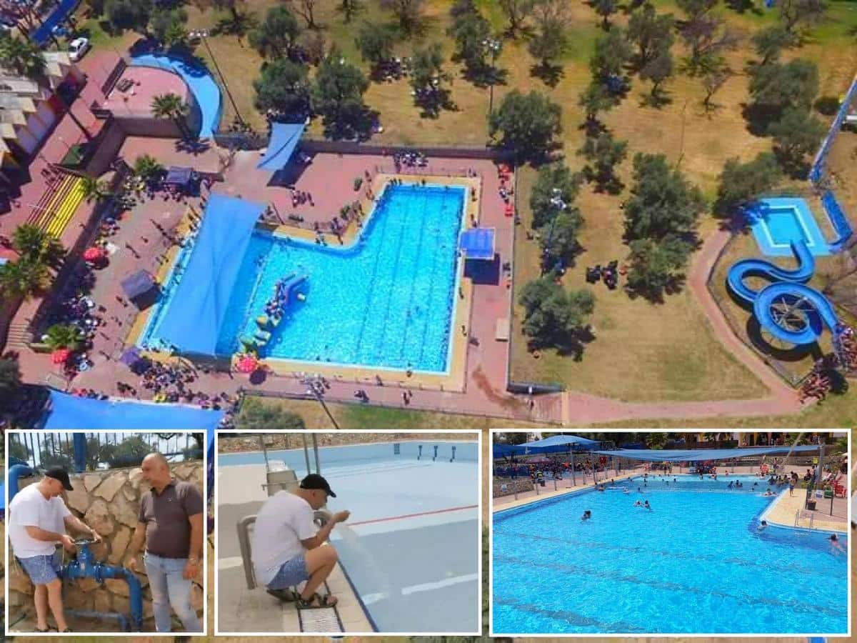 בריכת השחייה בלוד מהיפות והגדולות באזור. למטה רביבו פותח את השיבר הראשי <br> צילום: באדיבות דוברות העירייה