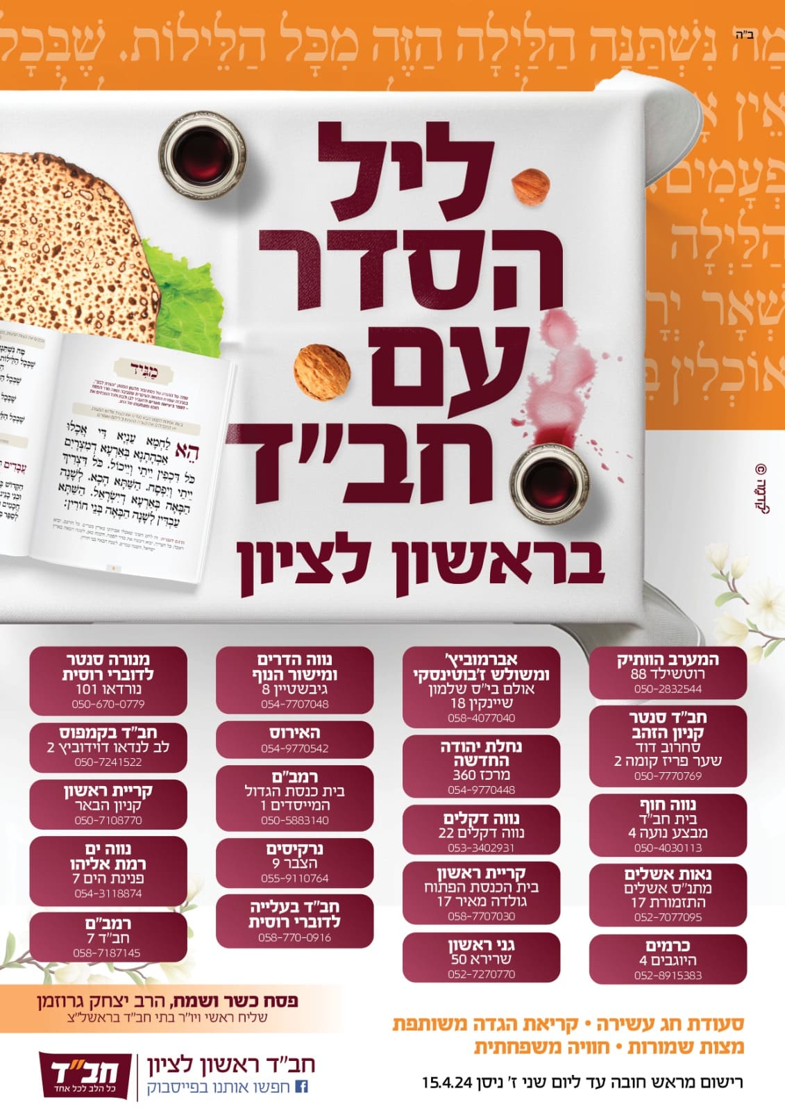 בתי חב"ד בראשל"צ מציגים: מספר שיא של 20 סדרי פסח ציבוריים!