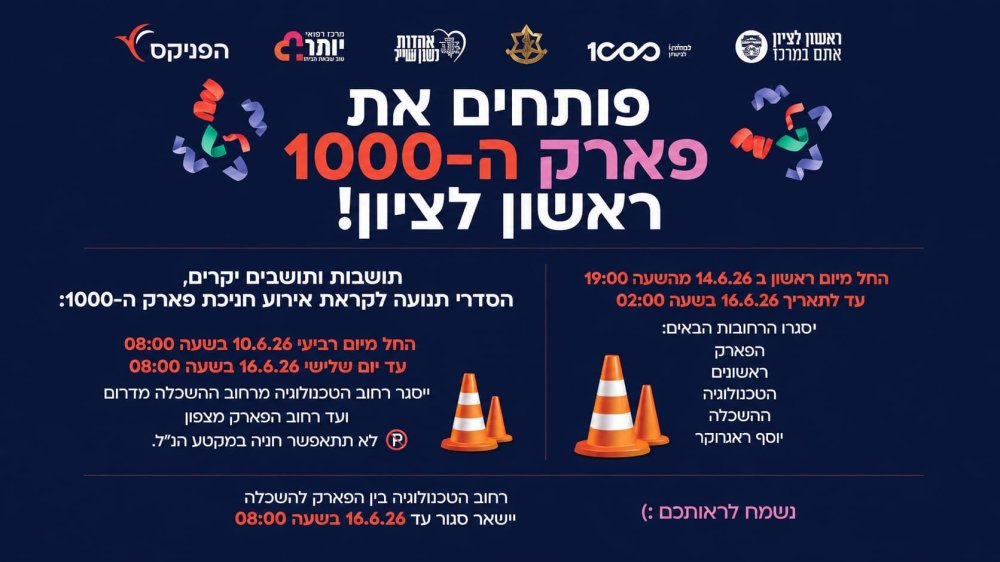 חוגגים את המחר: פארק ה-1000 נחנך חגיגית &ndash; כל שינויי התנועה והחסימות בראשון לציון