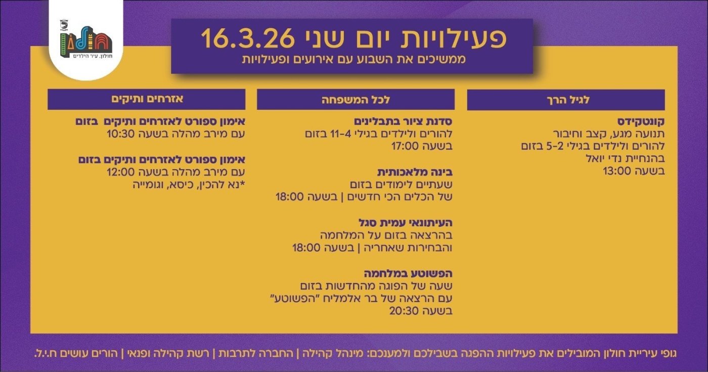 פעילויות בזום ליום שני 16.3, לתושבי חולון