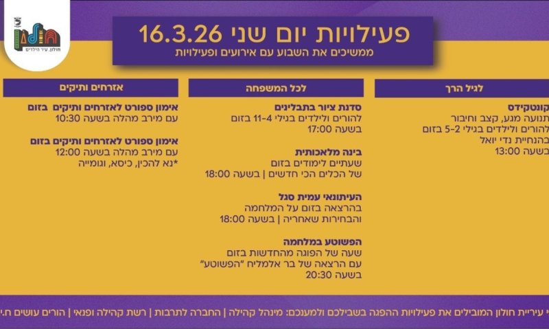 פעילויות בזום ליום שני 16.3, לתושבי חולון
