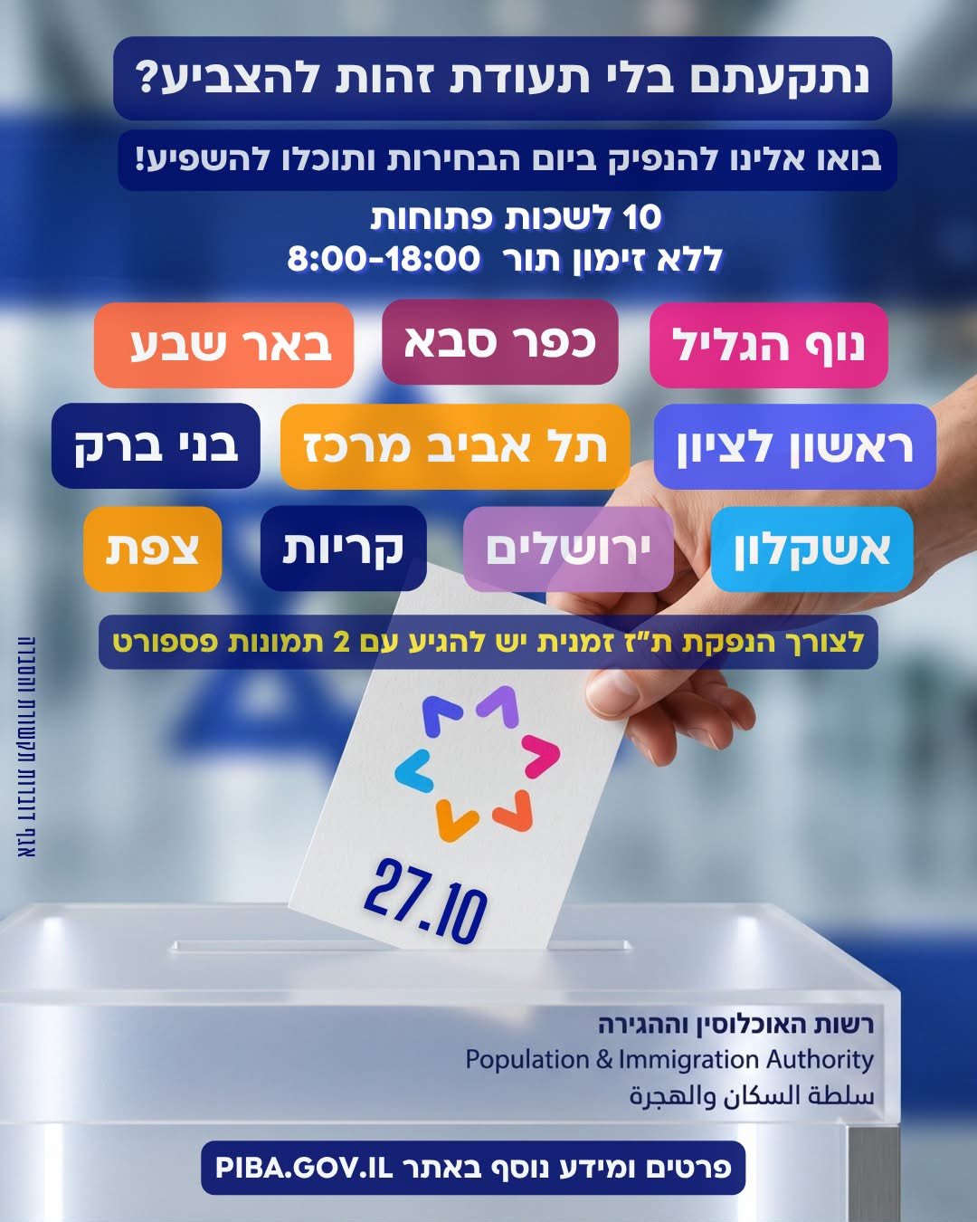 ביום הבחירות לשכת האוכלוסין בראשון לציון תהיה פתוחה לצורך הנפקת תעודות זהות בלבד